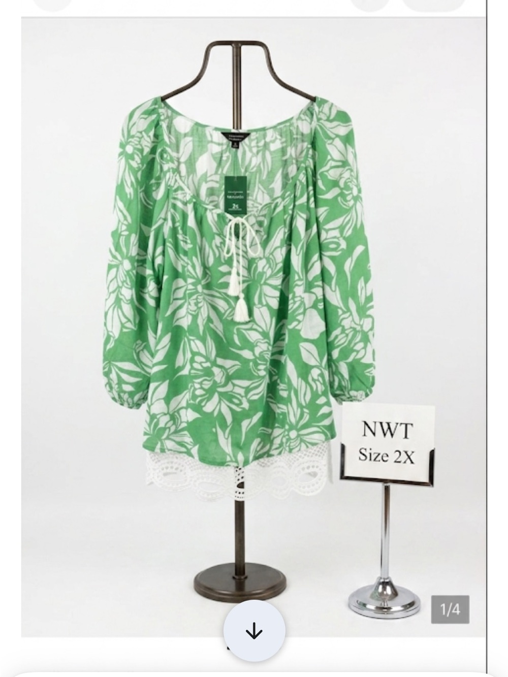 Mlle Gabrielle Green and White Floral Peasant Blouse 2x nwt